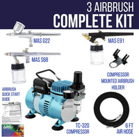 Master Airbrush Cool Runner II - Compresor de aire profesional con 3 juegos de aerógrafo, 0.012 in de gravedad y 0.035 in, alimentación sifón de 0.031 in - Soporte para manguera, guía de aprendizaje de aerógrafo - Arteztik
