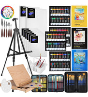 Juego de pintura de artista de lujo de 149 piezas con caballete de aluminio y madera maciza de haya, 96 pinturas, lienzo estirado y accesorios, suministros de pintura artística para artistas, principiantes y adultos
